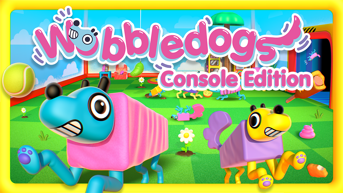 The key art for Wobbledogs Console Edition, with two dogs leaping out of the frame towards the viewer while other dogs play in the background
